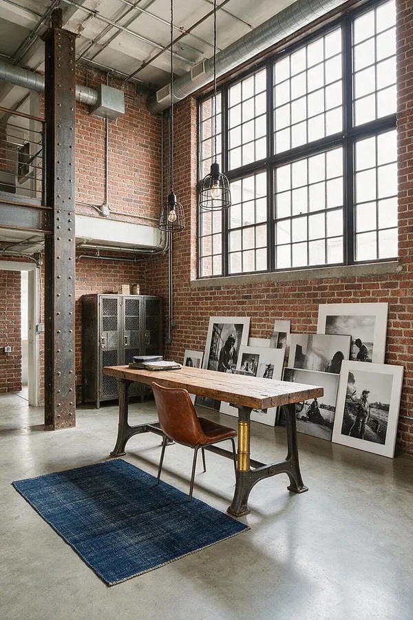 A spacious industrial entryway with exposed red brick walls, large steel-framed factory windows, and visible ductwork and beams. A rustic wood table with cast-iron legs sits on a concrete floor, paired with a brown leather chair, a blue rug, and framed black-and-white art leaning against the wall.