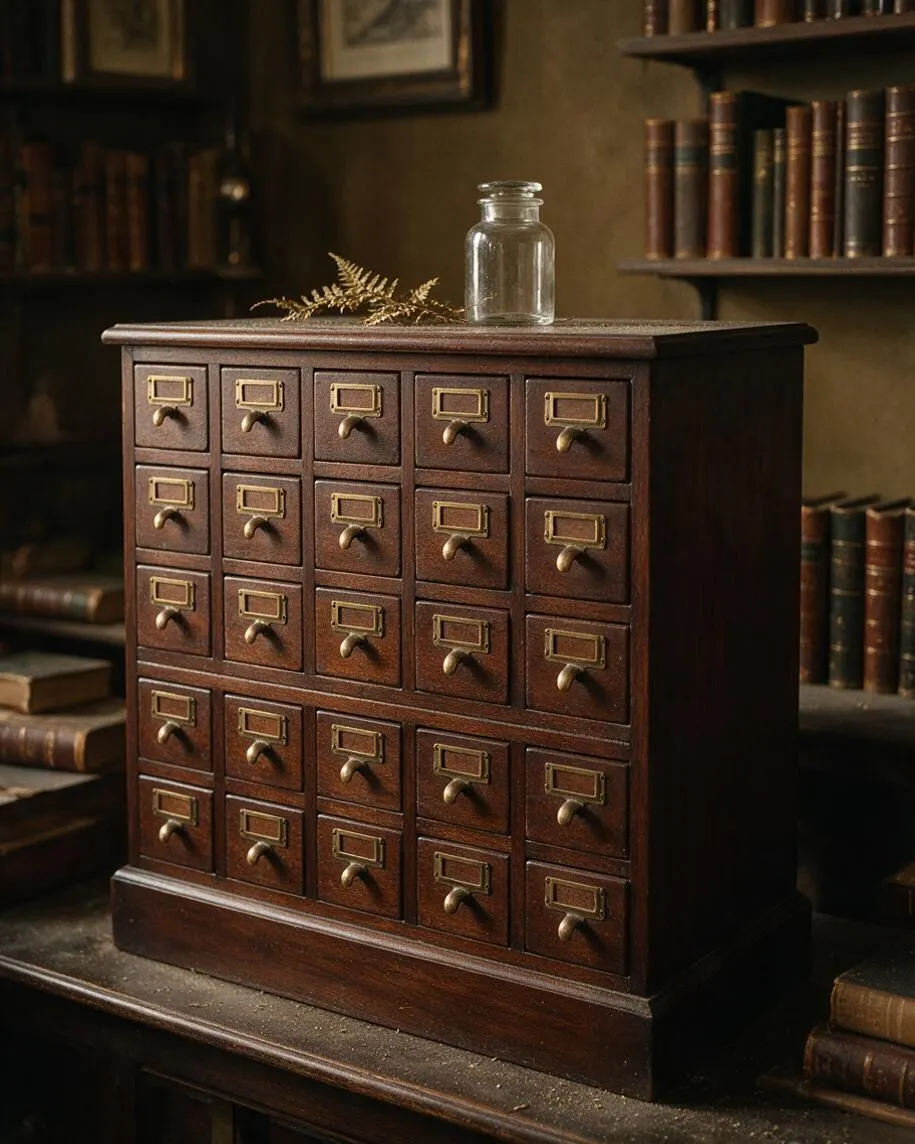 A small dark wood apothecary-style cabinet with many tiny drawers and brass label pulls sits on a worn wooden surface. A clear glass jar and dried fern rest on top, while shelves of old books blur into the dim, library-like background.