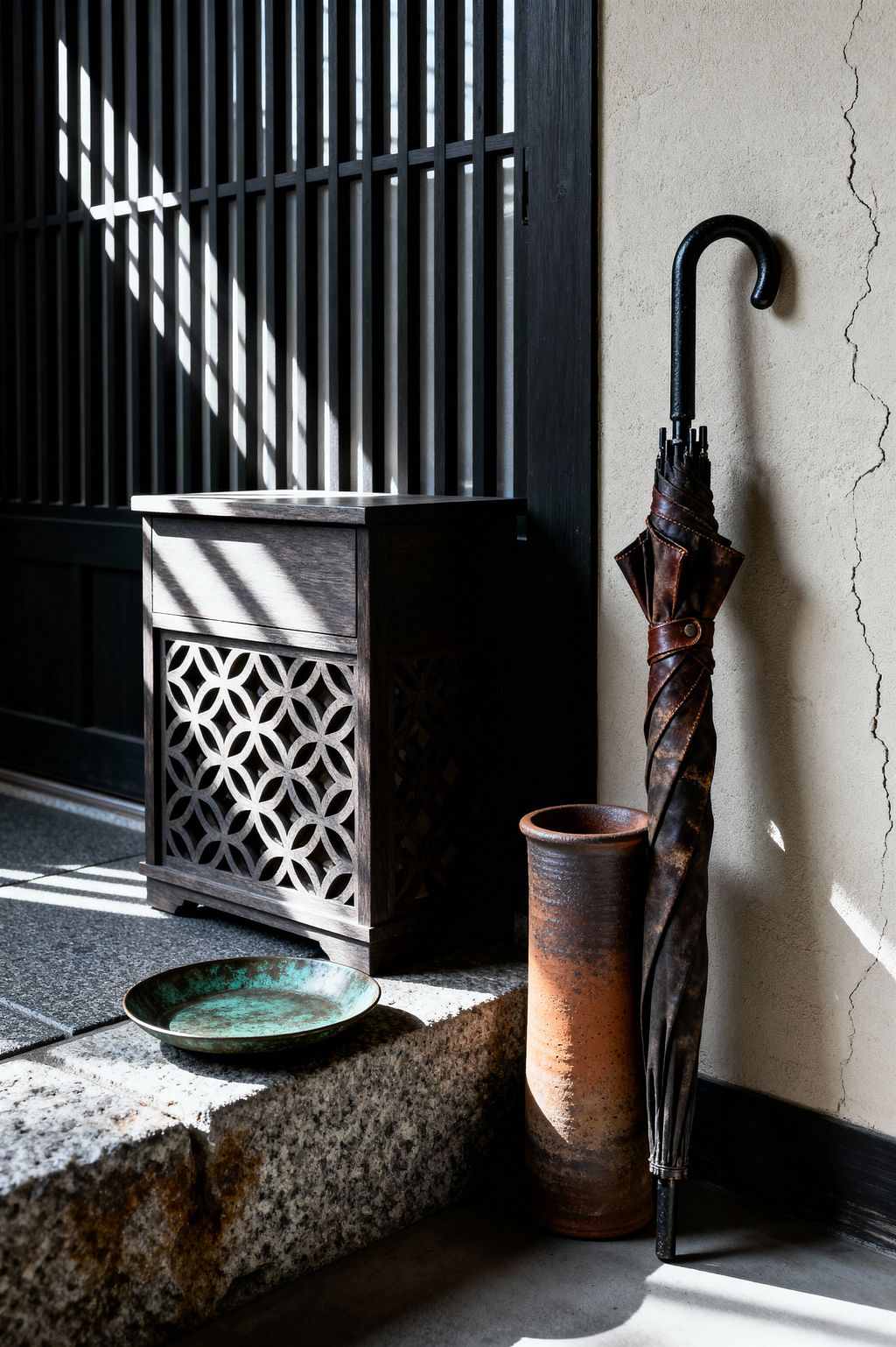 A Japanese-style mudroom features a raised granite threshold beside dark vertical wood slats. A compact dark-stained cabinet with a kumiko interlocking-circle lattice sits in the light, next to a cylindrical earthenware umbrella stand holding a folded black umbrella with a leather strap. A shallow copper dish with green patina rests on the stone, while a warm beige plaster wall with hairline cracks completes the wabi-sabi look as sunlight casts linear shadows.