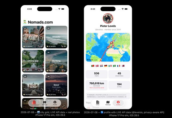 Screenshot of nomads profile page in an iOS app with navigation and chat features.