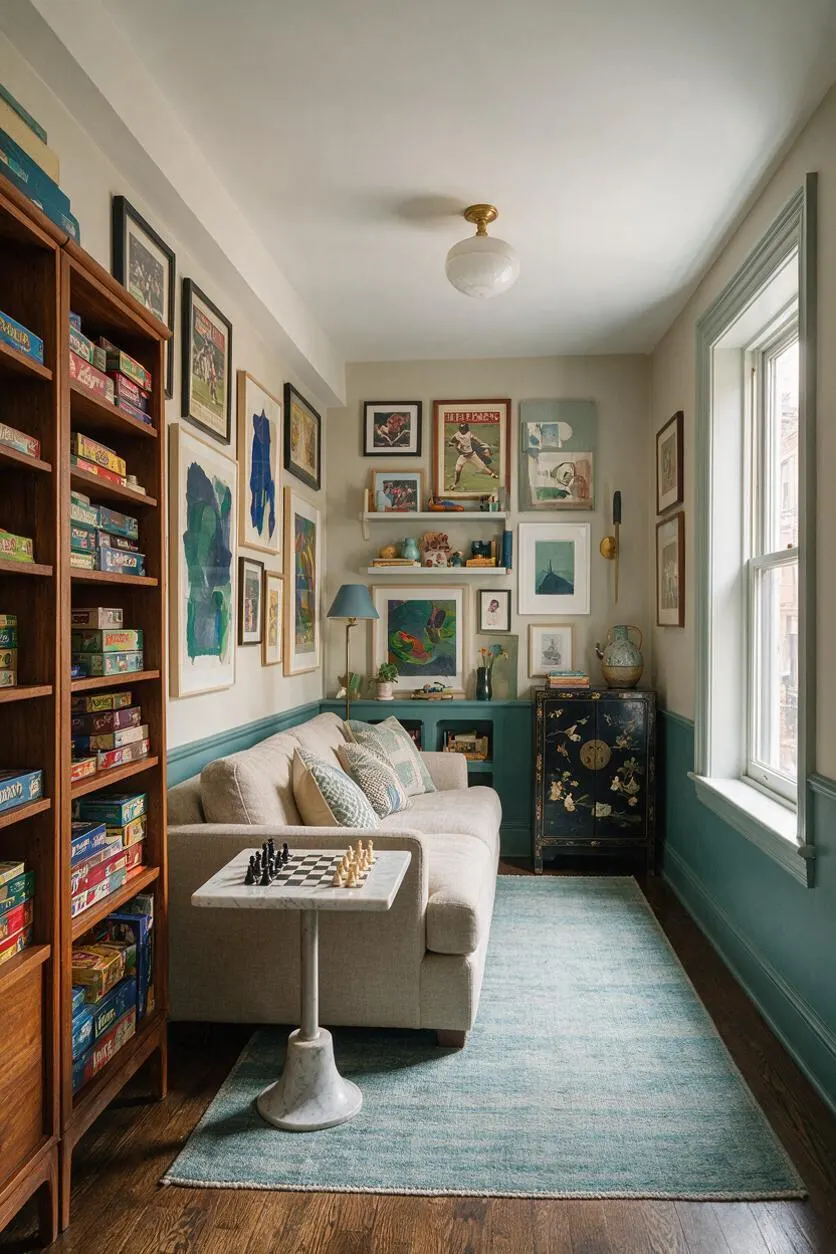 A narrow eclectic game room with a light beige sofa, a marble-top chess table, and a tall wood shelving unit filled with colorful board games. The walls are covered in framed artwork and small shelves, with teal wainscoting, a pale blue rug, dark wood floors, and a window bringing in natural light.