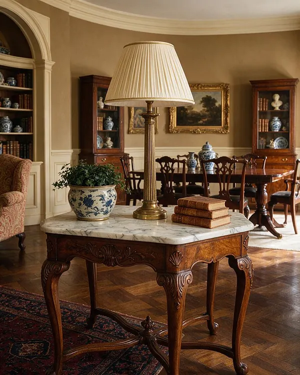A traditional living and dining room featuring a carved walnut table with a white marble top, topped with a brass lamp, ceramic planter, and stacked books. In the background are wood dining chairs, glass-front display cabinets, framed landscape art, and warm beige walls with classic trim.