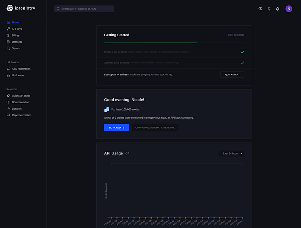 A dark-themed dashboard interface displays IP registry data with search filters and a table of IP addresses and locations.