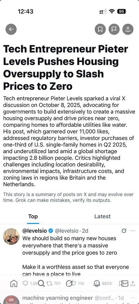 A social media post discussing Pieter Levels' proposal to address the global housing shortage by creating a housing oversupply.