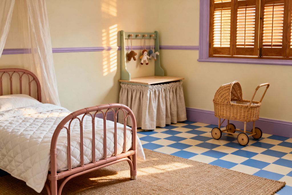 A sunlit kids’ bedroom features a dusty-rose metal bed with a white quilt and sheer canopy. Buttercream walls have lilac chair rail, baseboards, and window trim around warm wood shutters. A sage-green peg rail and skirted table display soft toys, while a wicker doll pram sits on a blue-and-cream checkerboard floor. A large jute rug anchors the space as afternoon light casts soft shadows across the room.
