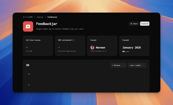 Screenshot of the Trust MRR platform showing the Feedback Jar feature with form input and submission.