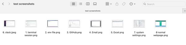 A MacOS Finder window displaying a folder named 'test screenshots' with eight image files.