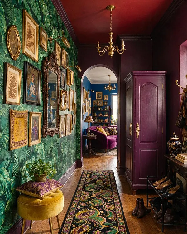 A maximalist entryway with bold green palm-pattern wallpaper, a gallery of framed artwork, and a deep purple wardrobe. A patterned runner rug leads toward an arched opening into a blue sitting room, while gold lighting, velvet seating, and layered decor create a richly detailed look.