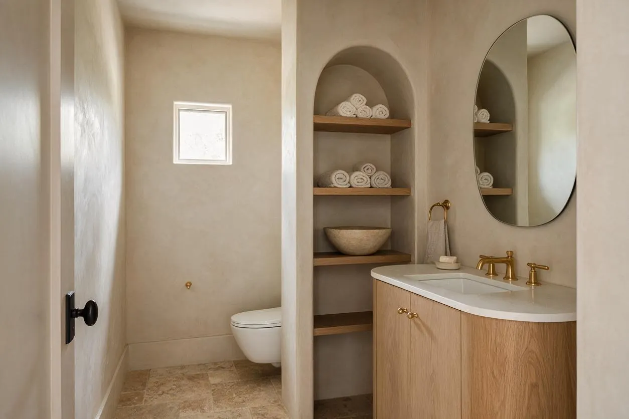 A compact powder room with soft beige plaster walls, a wood vanity with a white countertop, and brass faucet hardware. Open arched niches with wood shelves hold rolled towels and a stone bowl, while an oval mirror and warm stone floor complete the serene organic modern look.