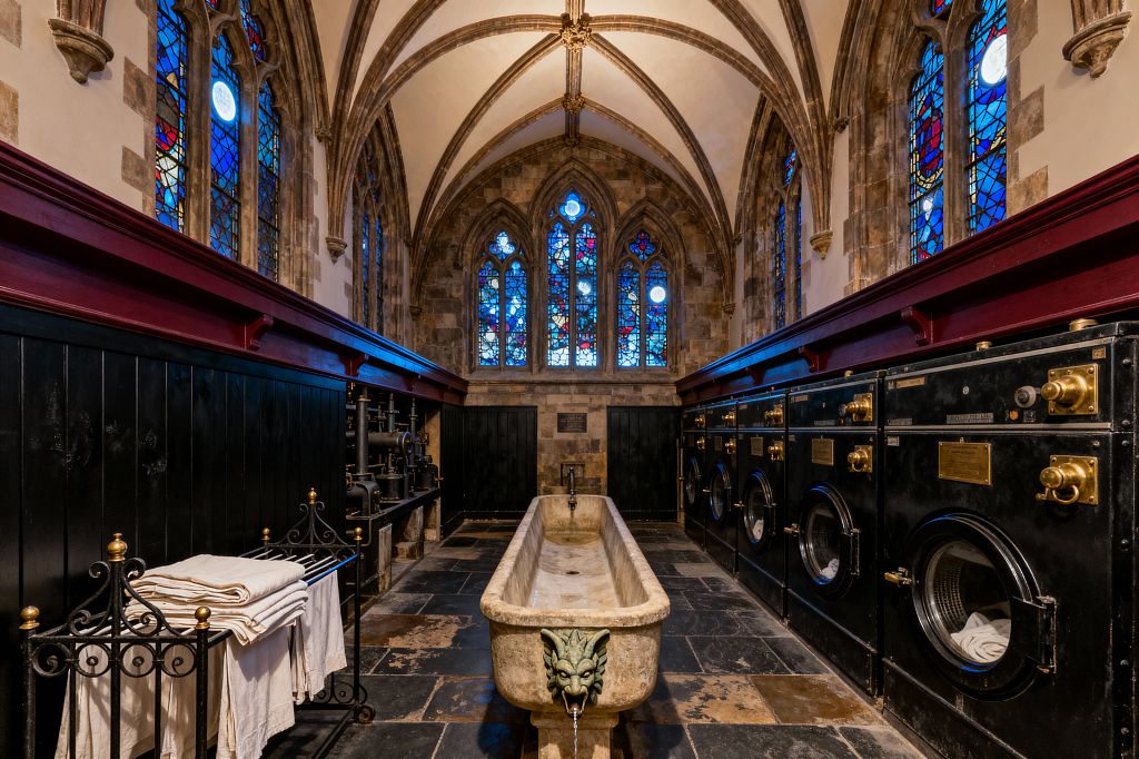 A dramatic laundry room set in a Gothic-style chamber with ribbed vaulted ceilings, pointed stone arches, and tall stained-glass lancet windows glowing red and blue. A carved stone trough with a gargoyle spout sits center, flanked by black paneled wainscoting. Industrial black washers with brass hardware line the right wall, with vintage iron piping and a towel rack on the left. The floor is dark slate and the lighting is moody and warm.