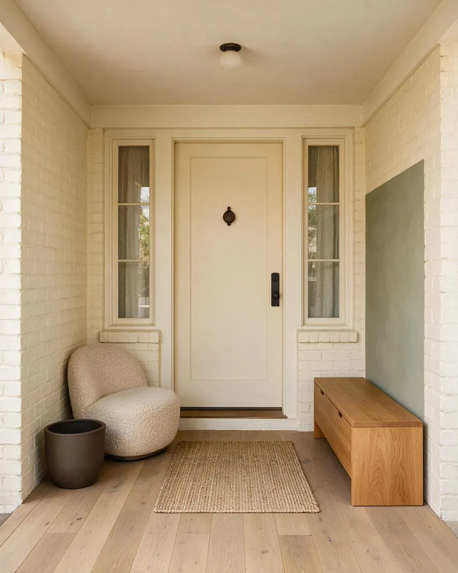 A compact front porch with white painted brick walls, a cream front door flanked by narrow windows, and warm wood flooring. The space includes a textured boucle chair, a small dark planter, a woven jute rug, and a low oak bench, all in soft neutral tones.