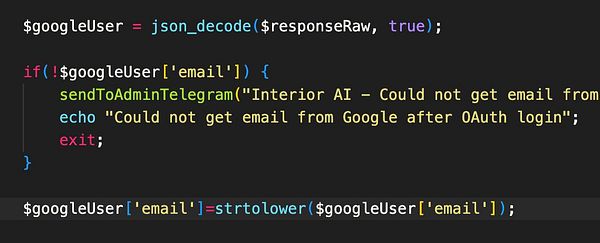 The image displays a code snippet addressing an edge case bug related to user email handling during Google OAuth login.