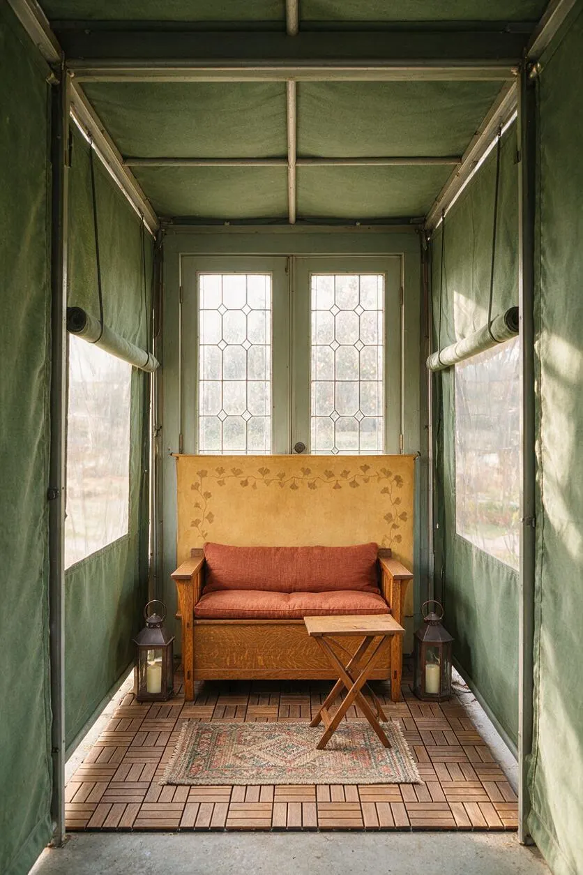 A narrow screened patio with green canvas walls and ceiling, a small wood bench with rust-colored cushions, and a yellow painted back panel. Two lanterns sit on the floor beside the bench, with a small folding wooden table and a patterned rug on interlocking wood deck tiles in the foreground.