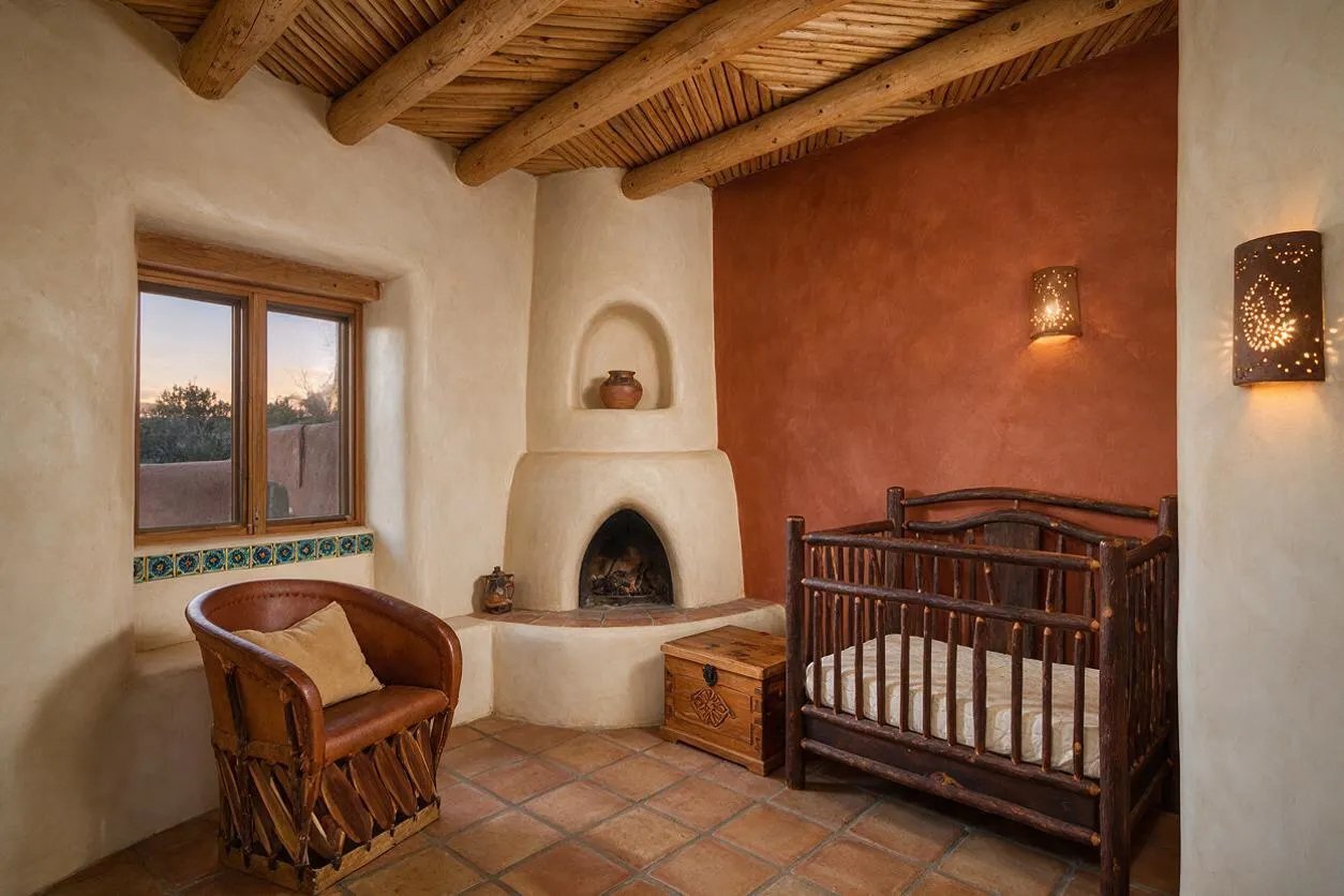A Southwestern-style nursery with a dark wood crib, a leather accent chair, terracotta tile floors, and smooth adobe-style walls. The room features a built-in corner fireplace, a wooden ceiling with exposed beams, and warm ambient wall sconces.