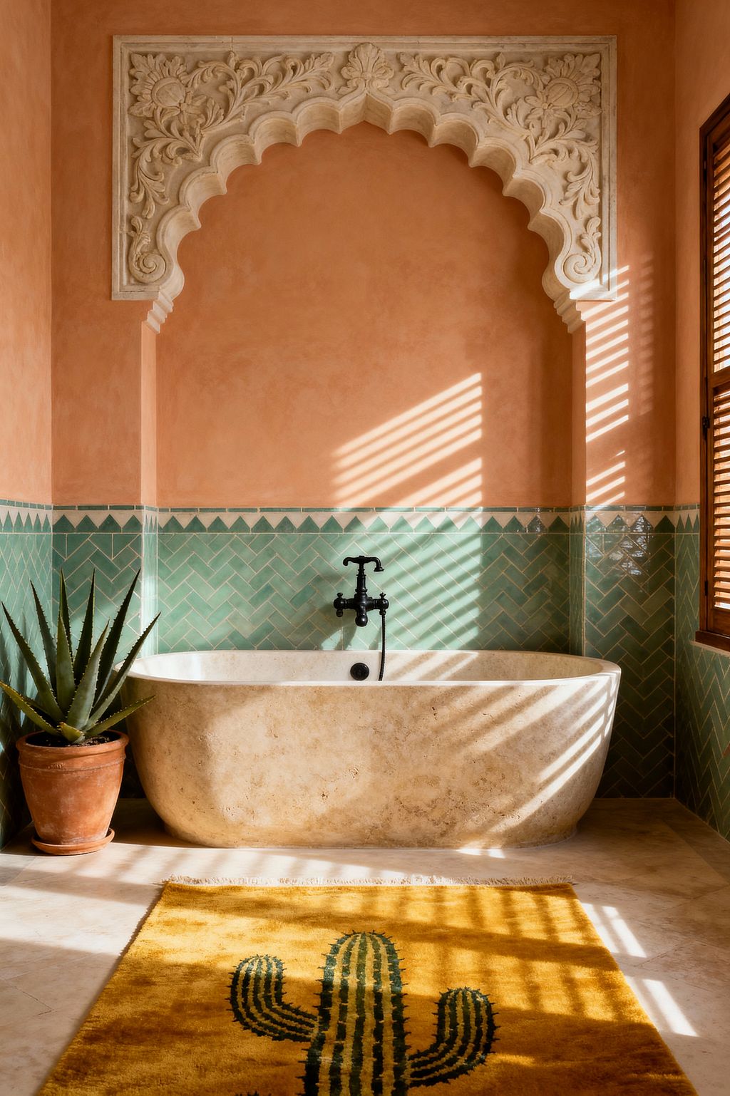 A Moroccan-inspired bathroom features a freestanding travertine soaking tub below a scalloped Moorish arch with floral stucco carving. Upper walls are finished in peach tadelakt, while the lower half is clad in mint-green glazed zellige set in a herringbone pattern with a zigzag border. A matte black wall-mounted faucet contrasts the stone. Sunlight filters through wooden shutters, casting striped shadows across the light stone floor, an ochre rug with a cactus motif, and a terracotta potted aloe.