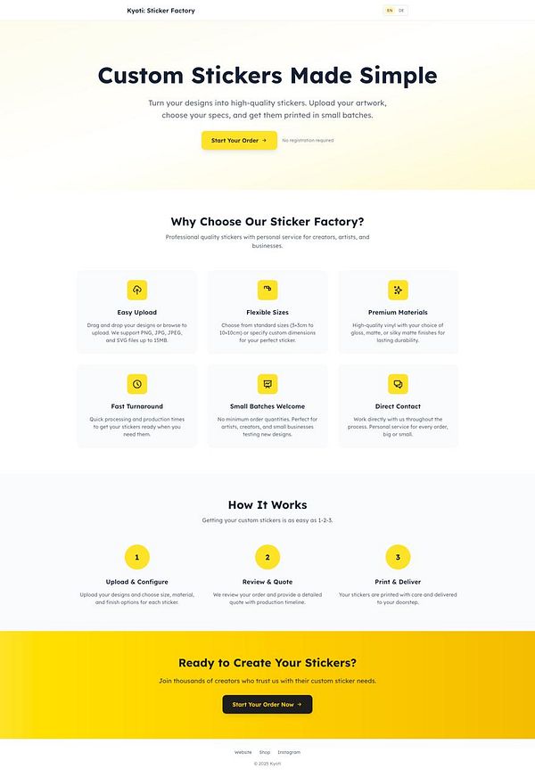 The image displays a landing page for Kyoti's sticker factory service, highlighting custom sticker creation.