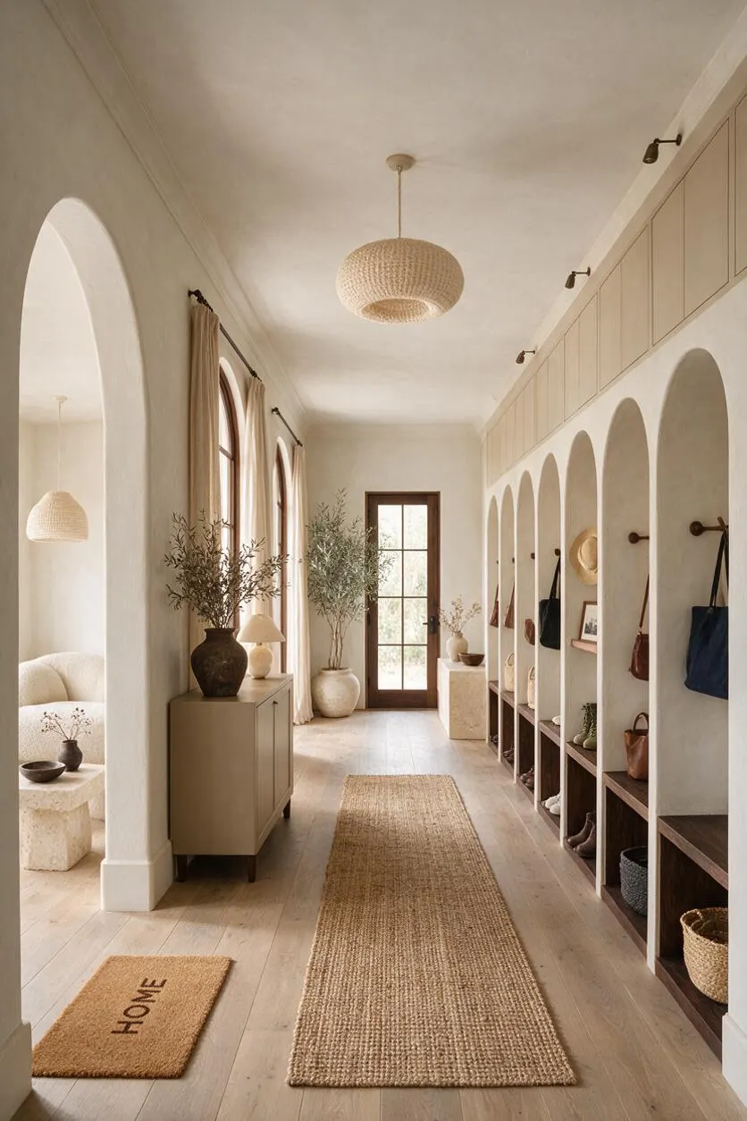 A long Organic Modern mudroom with pale plaster walls, arched built-in cubbies on the right, and a woven pendant light centered on the ceiling. The space features light wood floors, a textured runner, beige cabinetry, natural baskets, muted decor, and tall arched windows with soft curtains on the left.