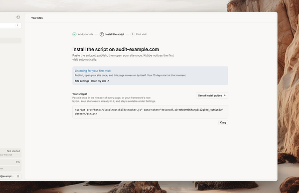 Screenshot of a multi-step onboarding process interface with instructions, a code snippet, and navigation buttons.