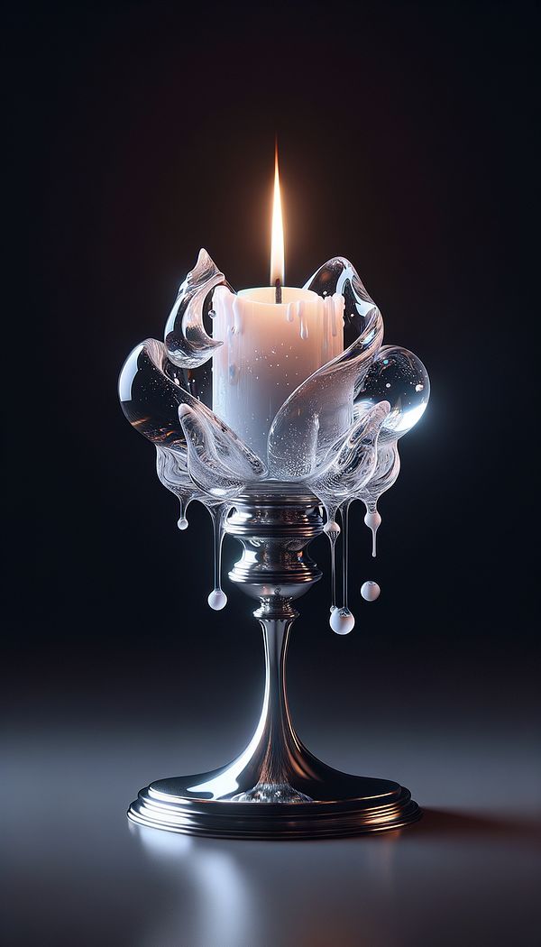 A crystal bobeche fitted snugly at the base of a lit candle, placed atop an elegant silver candlestick holder, with wax droplets visibly caught by the bobeche.