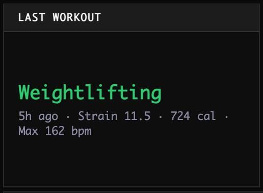 A digital display showing details of the last workout which was weightlifting including time, strain score, calories burned, and maximum heart rate.