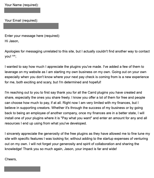 A heartfelt message expressing gratitude for free Carrd plugins and their impact on starting a new business.