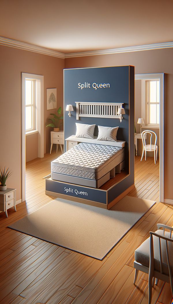 A Split Queen Box with a queen-sized mattress being set up in a bedroom with narrow doorways.