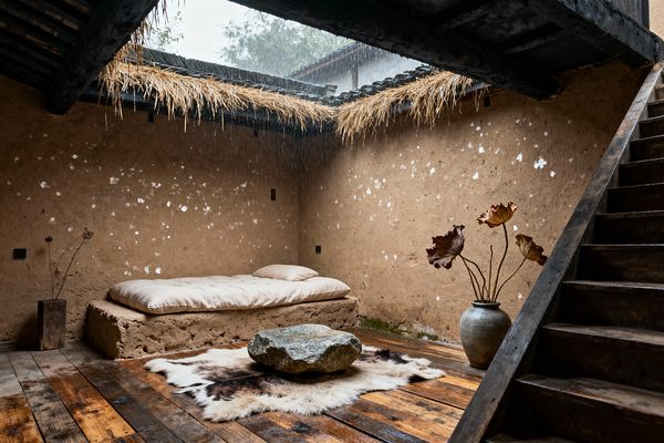 Rustic living room with an open roof where rain falls into a courtyard-like space. Rough earthen walls with white lime flecks surround a low built-in daybed topped with beige linen cushions. Reclaimed wood plank flooring holds a cowhide rug and a heavy, irregular stone used as a coffee table. A ceramic vase with dried lotus leaves sits near a weathered timber staircase. Dark beams frame the skylight, and soft natural light highlights the clay textures and worn finishes.