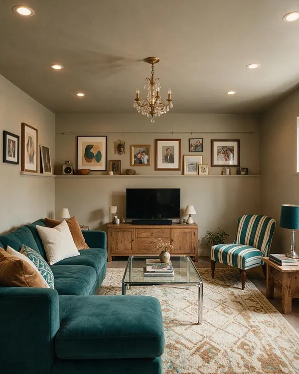 A cozy eclectic basement living room with a teal velvet sectional, a striped accent chair, a glass coffee table, and a rustic wood TV console. Framed artwork lines the wall shelves beneath a small crystal chandelier and recessed ceiling lights, creating a warm layered look.