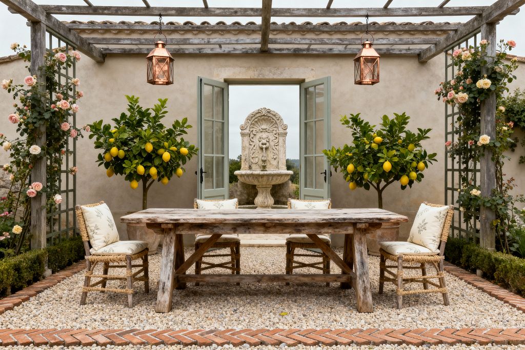 A French country patio centers on a rustic, weathered wood dining table with woven rush chairs and pale linen cushions. Symmetrical lemon trees flank a carved stone wall fountain framed by sage-green French doors, while copper lanterns hang from a gray timber pergola. The ground is pea gravel edged in herringbone brick, with boxwood borders and trellises of blush roses, creating a serene, sunlit outdoor dining setting.