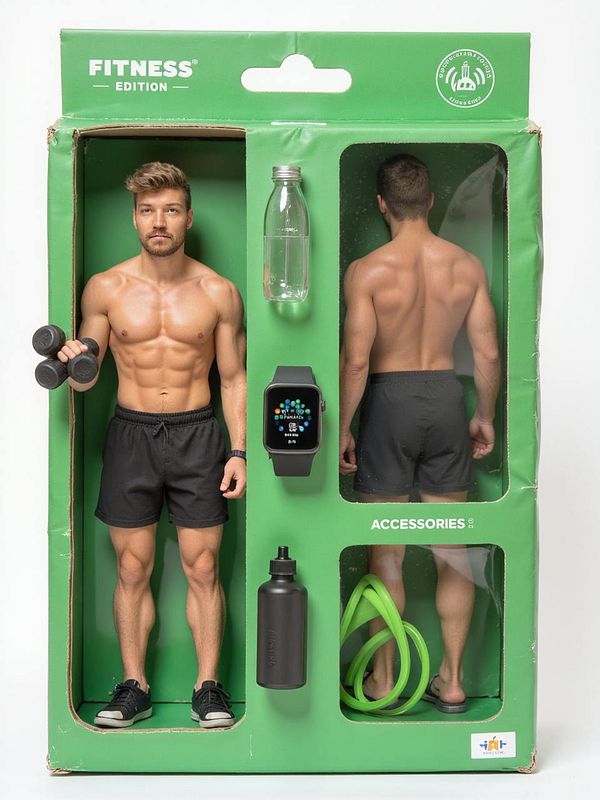 A fitness-themed action figure pack featuring a muscular male figure with various accessories.