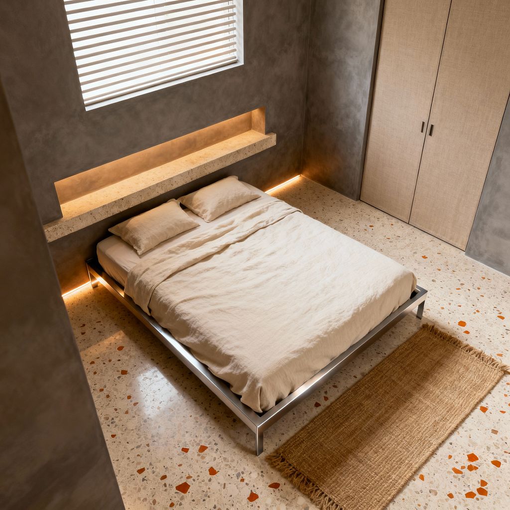 Minimalist bedroom featuring a low, metal-framed platform bed dressed in beige linen against smooth gray microcement walls. A long recessed niche forms a terrazzo ledge above the headboard, illuminated by warm LED strips that also trace the wall base; white terrazzo flooring with terracotta chips and a narrow jute runner ground the scene, with flat-panel beige wardrobe doors to the right and a window with horizontal blinds filtering daylight.