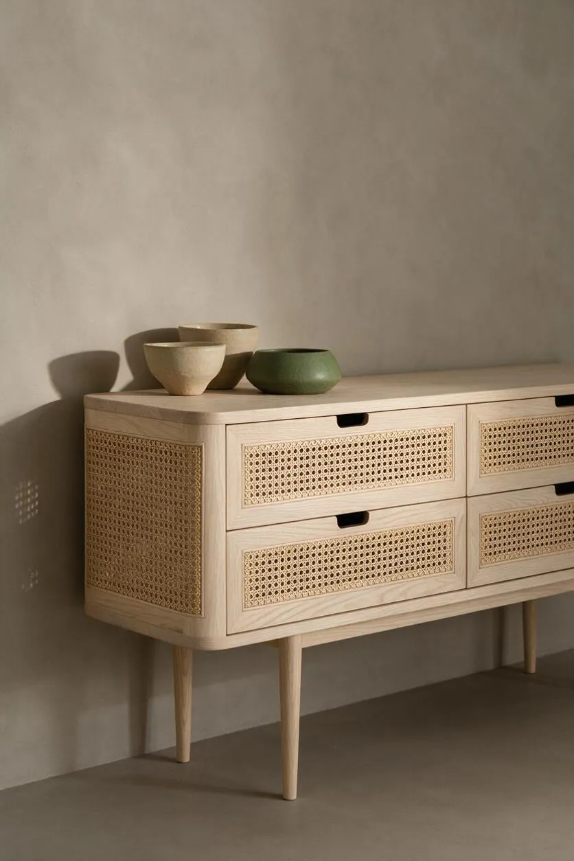 A low wooden sideboard with tapered legs and woven rattan drawer fronts sits against a smooth beige wall. Small ceramic bowls in muted cream and green rest on top, reinforcing the calm Japandi aesthetic.
