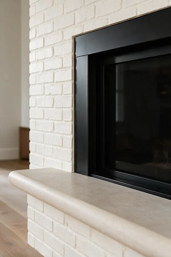 A close-up of a modern fireplace surround featuring white painted brick and a matte black metal firebox frame. A smooth light beige stone or concrete hearth projects outward, contrasting with the textured brick and warm wood floor.