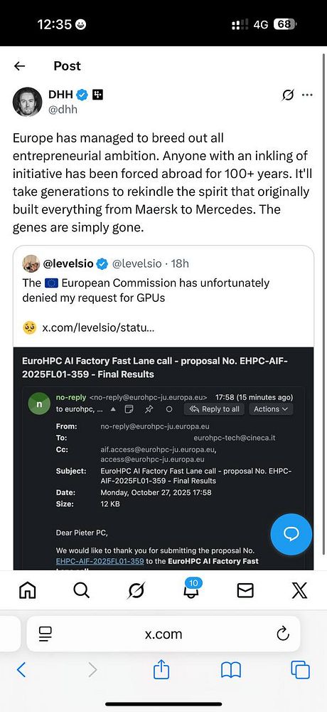 A Twitter post by DHH discussing Europe's entrepreneurial challenges, along with a reply about a denied GPU request.