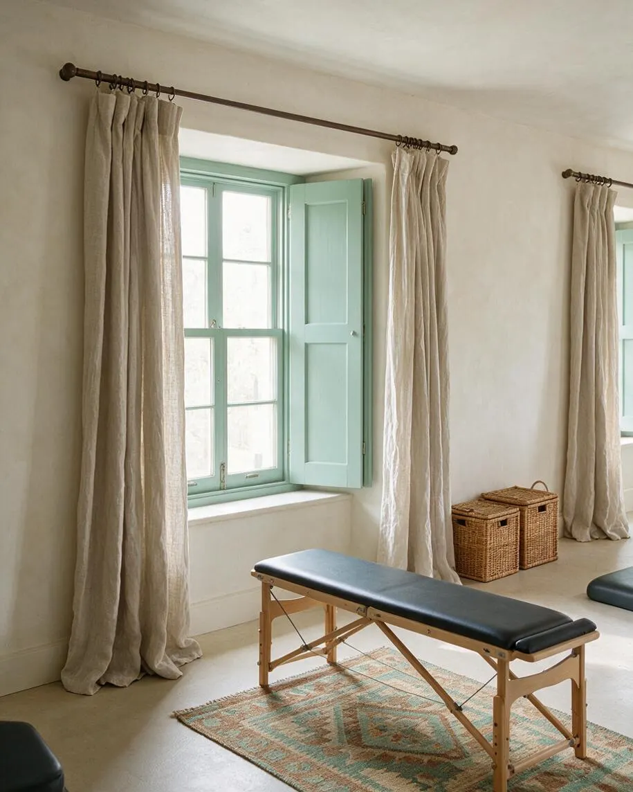 A calm home gym with a black-cushioned treatment or workout bench centered on a patterned rug, set against plaster walls and soft beige linen curtains. Mint green window trim and shutters brighten the room, while woven storage baskets add natural texture and a relaxed Mediterranean feel.
