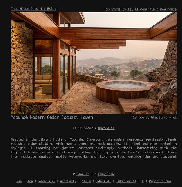 Website homepage for ThisHouseDoesNotExist.org featuring AI-generated house images and navigation options.