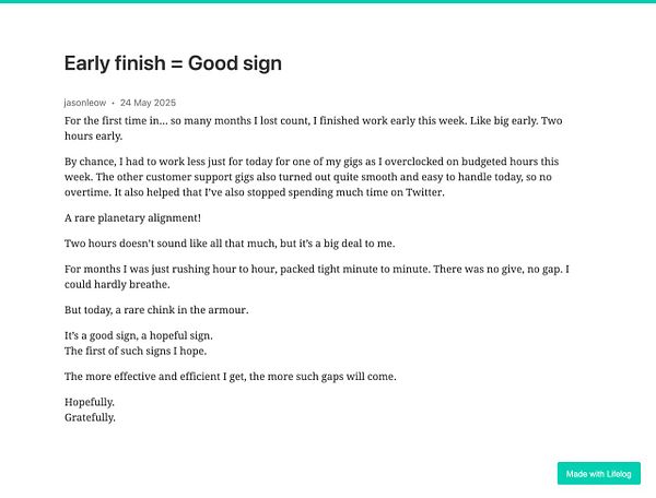 A personal reflection on finishing work early, highlighting a sense of hope and efficiency.