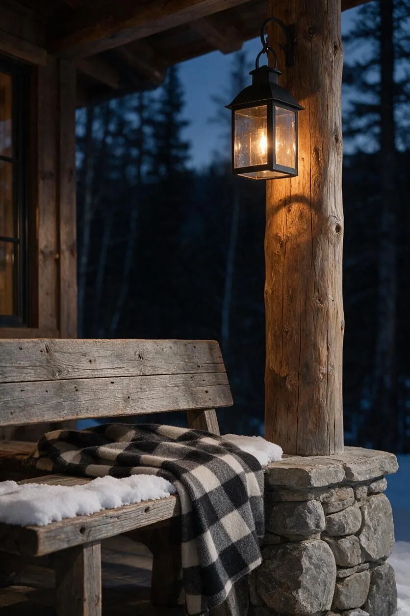 A rustic outdoor porch at dusk features a weathered wooden bench with a black-and-white plaid blanket and a layer of snow on the seat. A lit black metal lantern hangs from a rough timber post beside a stacked stone base, with dark pine trees blurred in the background.