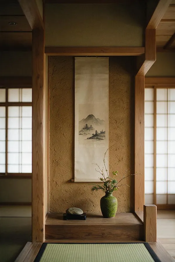A Japanese Zen-style alcove framed in natural wood, featuring an ink landscape hanging scroll on an earthen wall. A small green vase with sparse branches and a stone on a tray rest on the wooden shelf below, with shoji screens and tatami visible in the background.