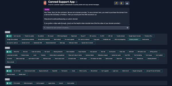 The image displays a user interface for the Canned Support App, showcasing various preset messages for customer support tasks.