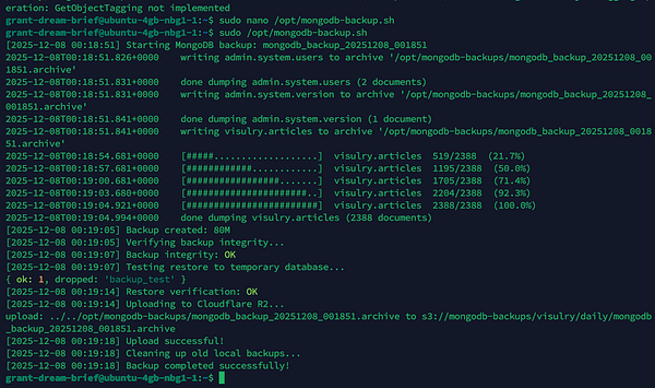 The image displays a terminal output of a MongoDB backup script execution.