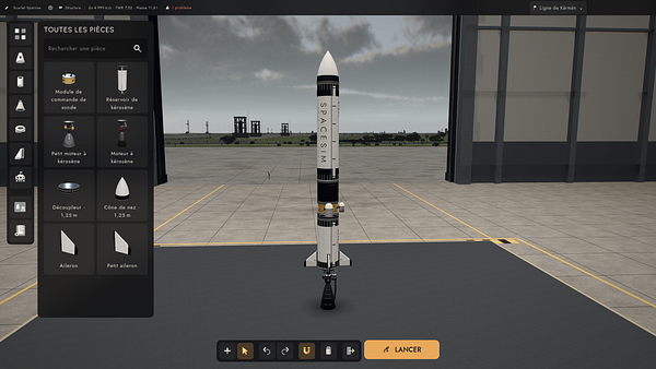 3D rocket assembly interface displaying a vertically standing rocket named 'SPACESIM' with a parts selection menu in French on the left side.