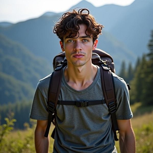 A young man with curly hair stands confidently in a mountainous landscape, wearing a backpack.