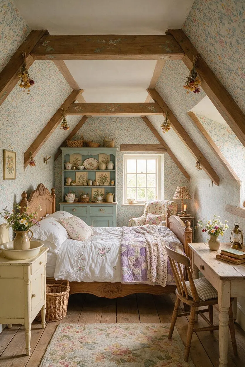 A cozy Cottagecore guest bedroom with sloped ceilings, exposed wooden beams, and floral wallpaper. The room includes a carved wooden bed with layered white and pastel bedding, a pale blue hutch filled with ceramics, a small desk and chair, and soft natural light from a central window.