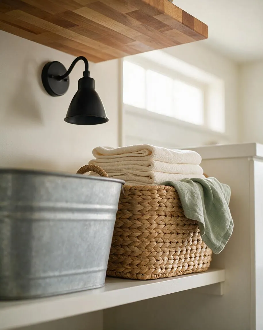 A farmhouse-style laundry vignette with a black wall sconce under a chunky wood shelf, stacked cream towels in a woven basket, a pale green cloth draped over the side, and a galvanized metal bucket in the foreground. Soft daylight washes across the cream wall and white shelving.