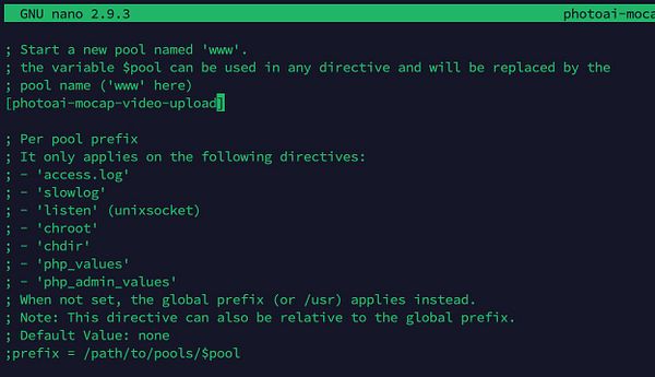 A terminal window displaying a PHP-FPM pool configuration file named 'mocap.conf' with specific pool settings.