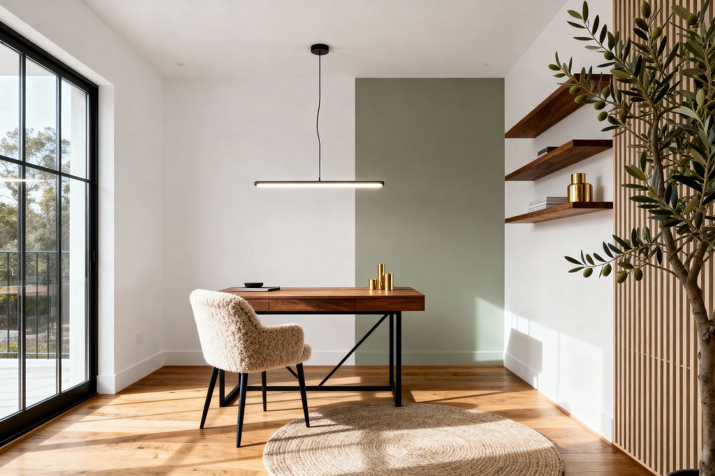 A minimalist home office features a walnut desk on black metal legs against a wall divided into white and a soft sage-green block. A cream boucle armchair sits beneath a slim black linear pendant. To the right, three walnut floating shelves display brass vessels and books next to a light wood slatted screen and a potted olive tree. Wide-plank wood flooring and a round jute rug warm the space. A large black-framed window brings in abundant daylight.