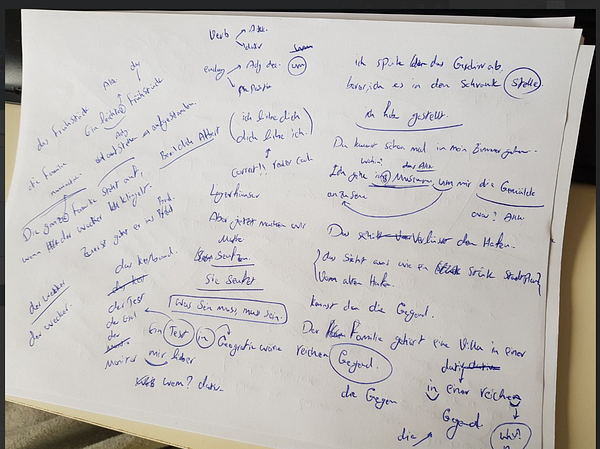 A clean, well-designed screenshot of a German language learning app showing a completed lesson with visual and text elements in German and English.