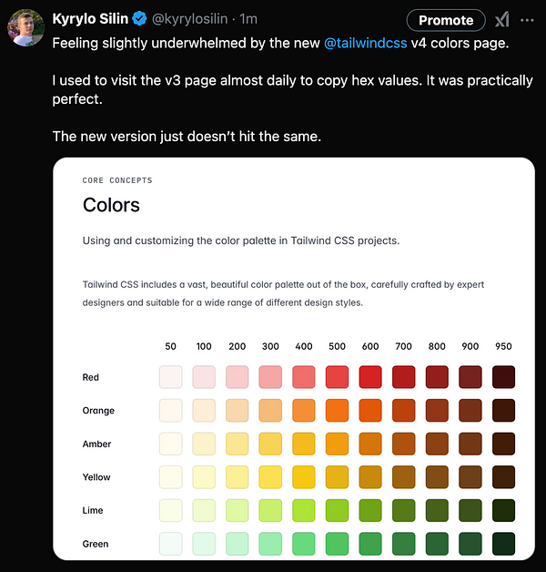 A screenshot of a tweet expressing disappointment with the new Tailwind CSS v4 colors page.