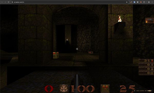 First-person view screenshot of a dark, dungeon-like environment in a game running on a web browser.